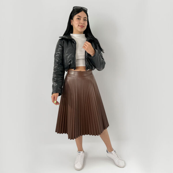Falda Larga Plisada Cuero Sintético Café