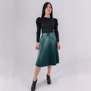 Falda Larga Plisada Cuero Verde Oscuro