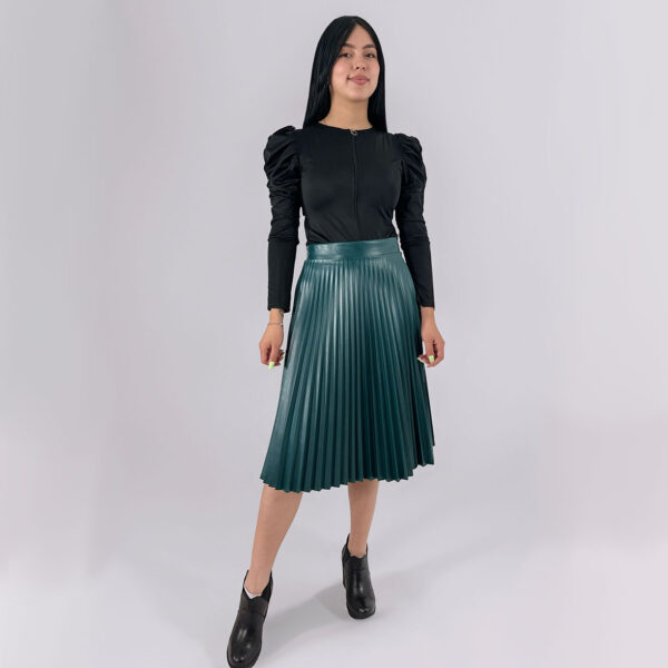 Falda Larga Plisada Cuero Verde Oscuro